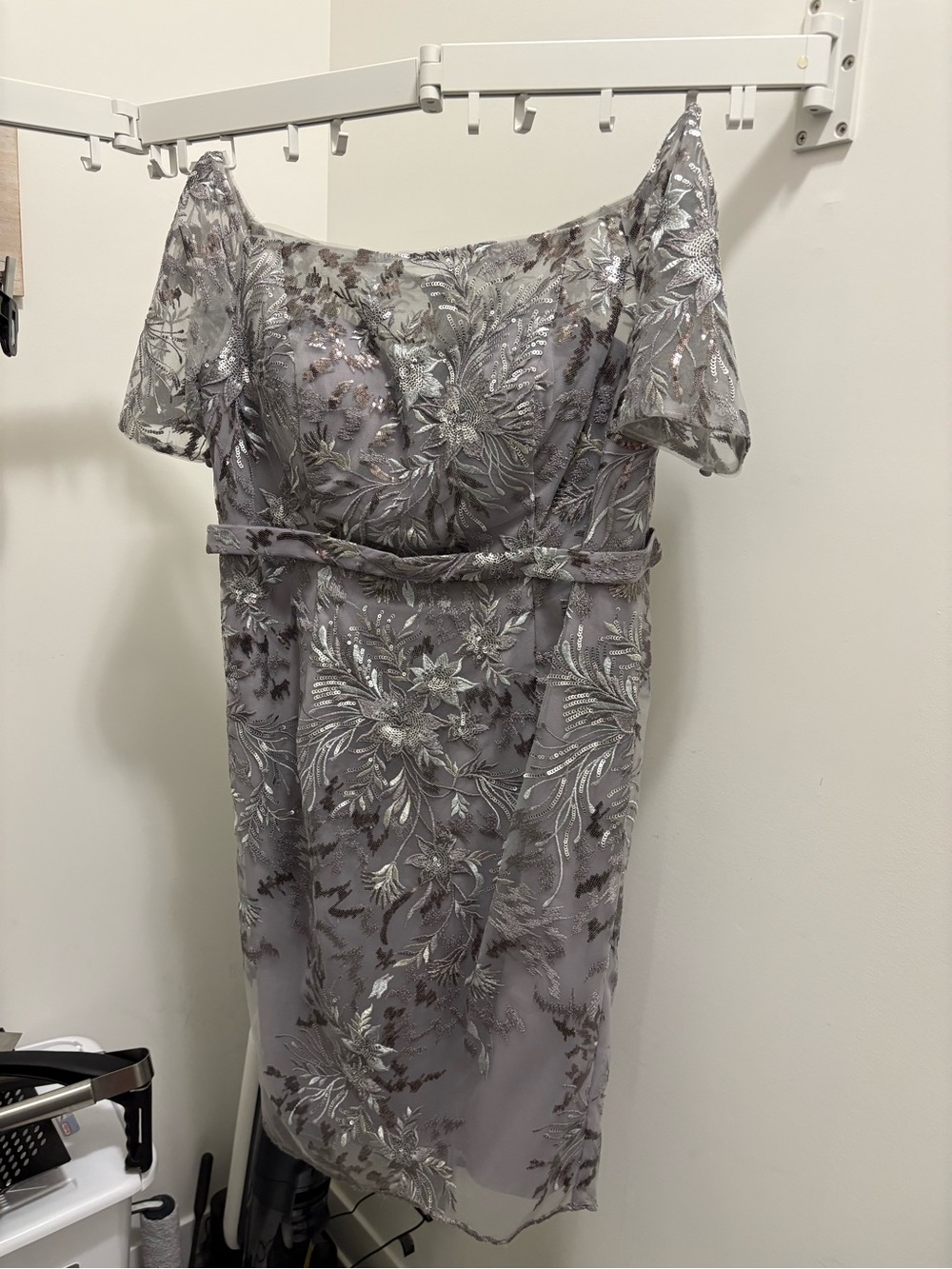 Adore Silver Lace-Embellished Off-Shoulder Midi Dress